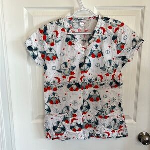 Women's Festive Penguin Print Scrub Top - White with Red Accents